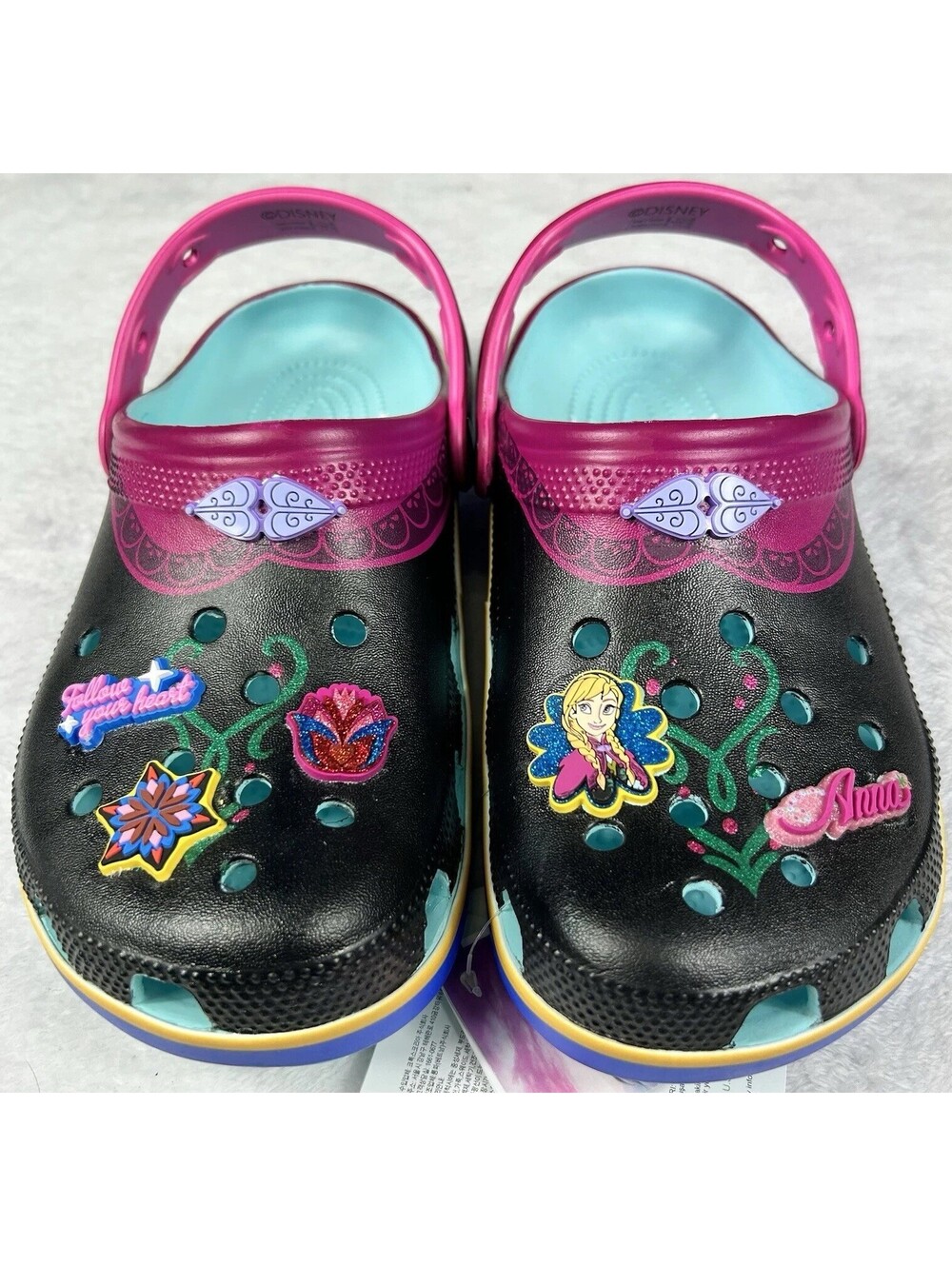 Crocs Frozen Anna Classic Clog Girls Youth Size 6 J6 Black Blue Authentic New